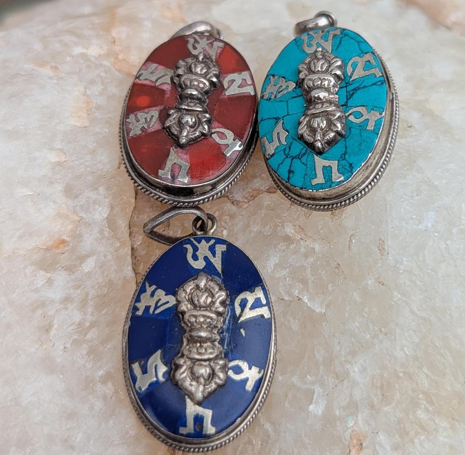Handmade Sterling Silver Om Mani Padme Hum Pendant: Turquoise, Lapis, Coral