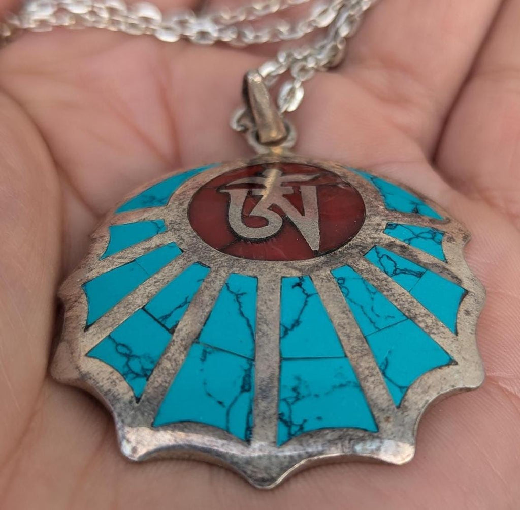 Handmade Sterling Silver Om Mani Padme Hum Medallion Pendant: Turquoise, Lapis, Coral
