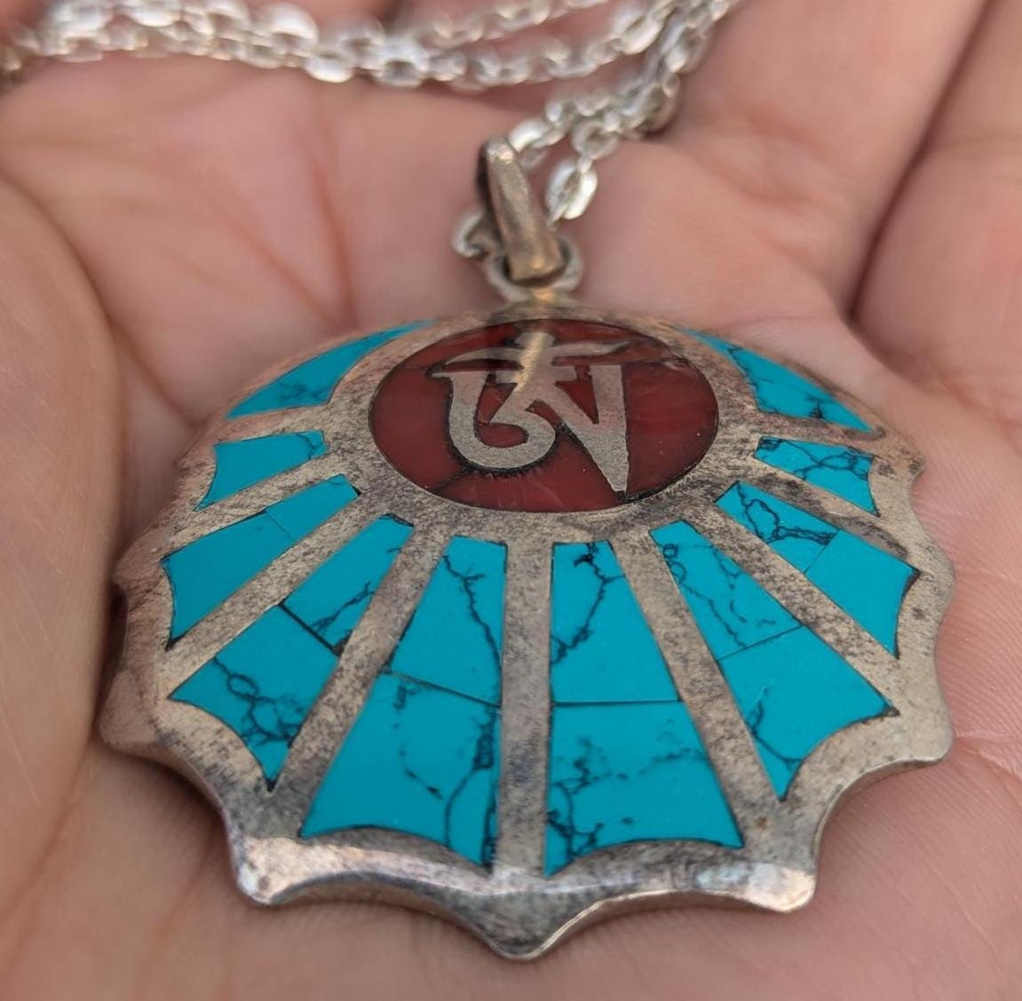 Handmade Sterling Silver Om Mani Padme Hum Medallion Pendant: Turquoise, Lapis, Coral