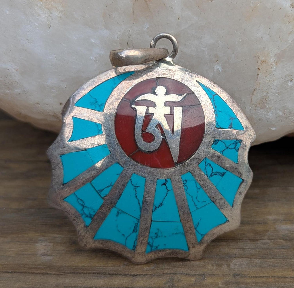 Handmade Sterling Silver Om Mani Padme Hum Medallion Pendant: Turquoise, Lapis, Coral