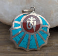 Handmade Sterling Silver Om Mani Padme Hum Medallion Pendant: Turquoise, Lapis, Coral