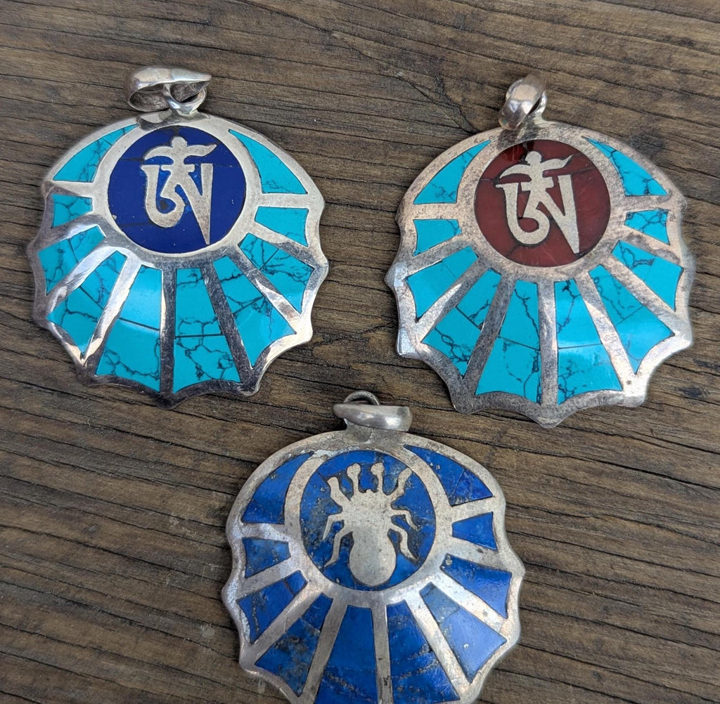 Handmade Sterling Silver Om Mani Padme Hum Medallion Pendant: Turquoise, Lapis, Coral
