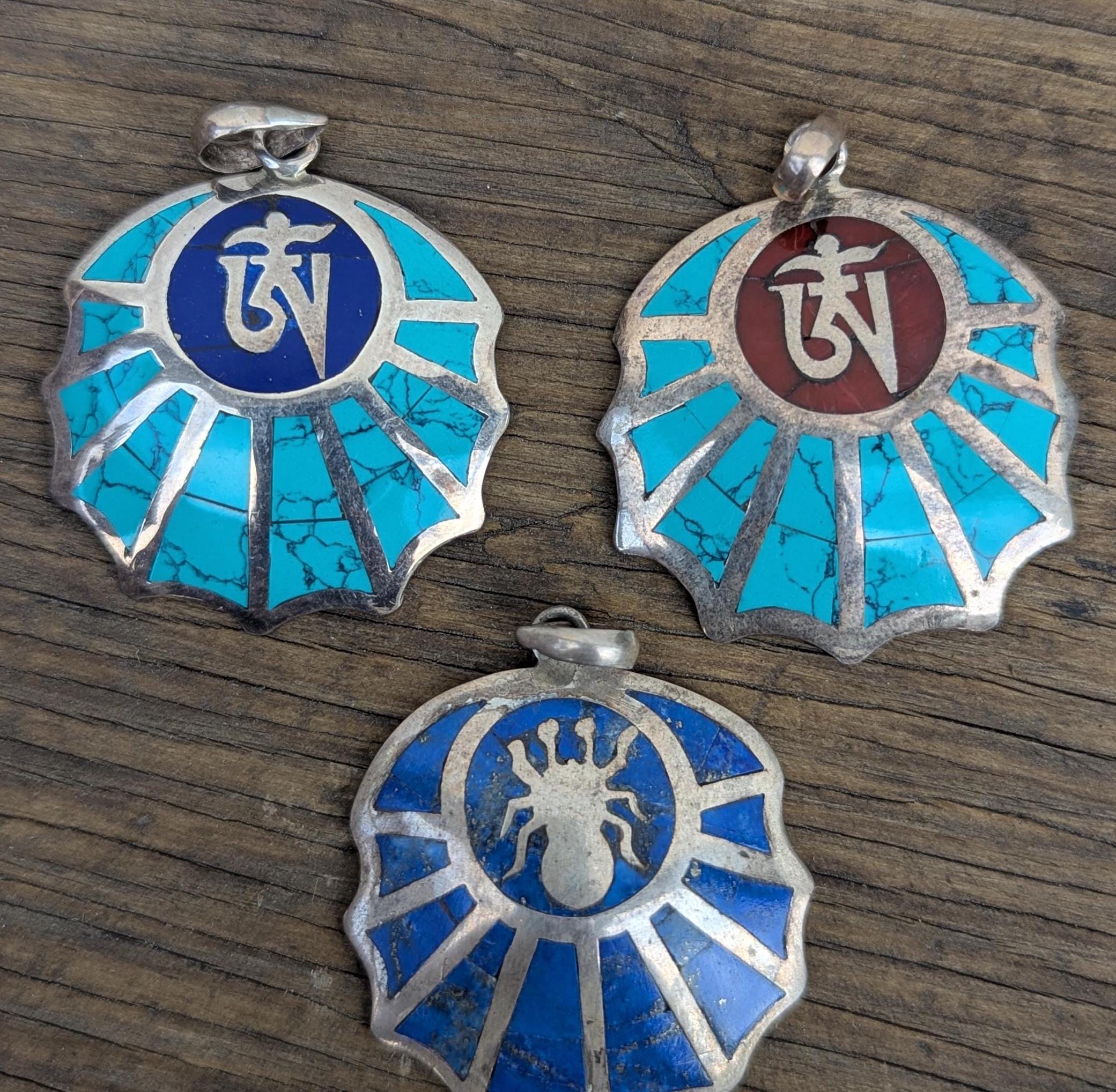 Handmade Sterling Silver Om Mani Padme Hum Medallion Pendant: Turquoise, Lapis, Coral