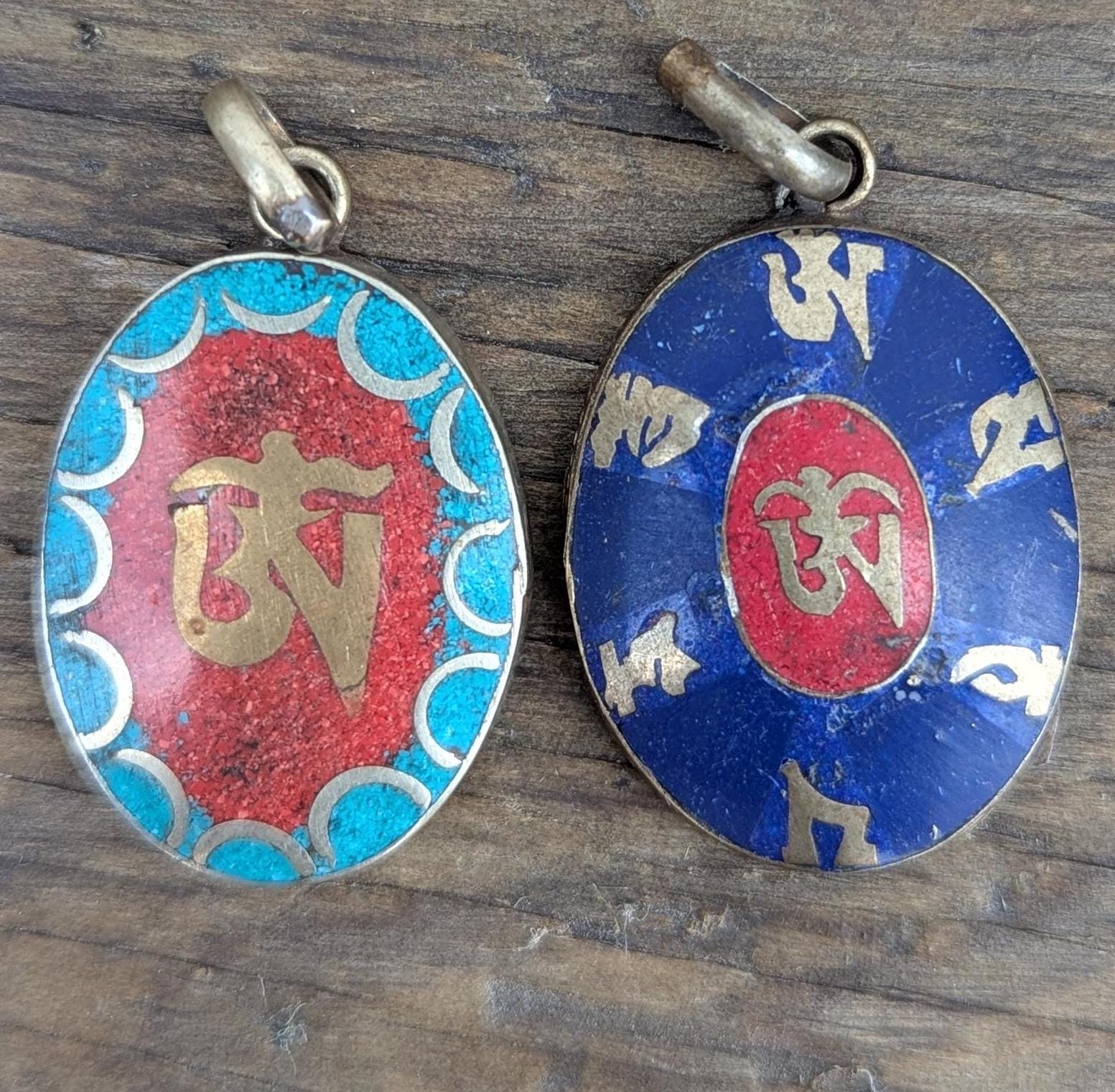Tibetan handmade OM pendant with turquoise, Coral and Lapis Lazuli inlaid (p7-041)