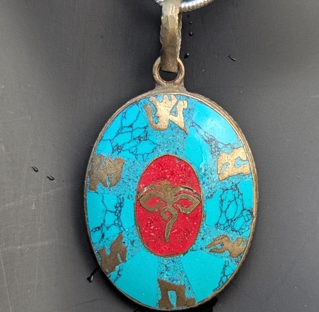 Handmade Tibetan Kalachakra pendant with turquoise, Coral and Lapis Lazuli inlaid (p7-042)