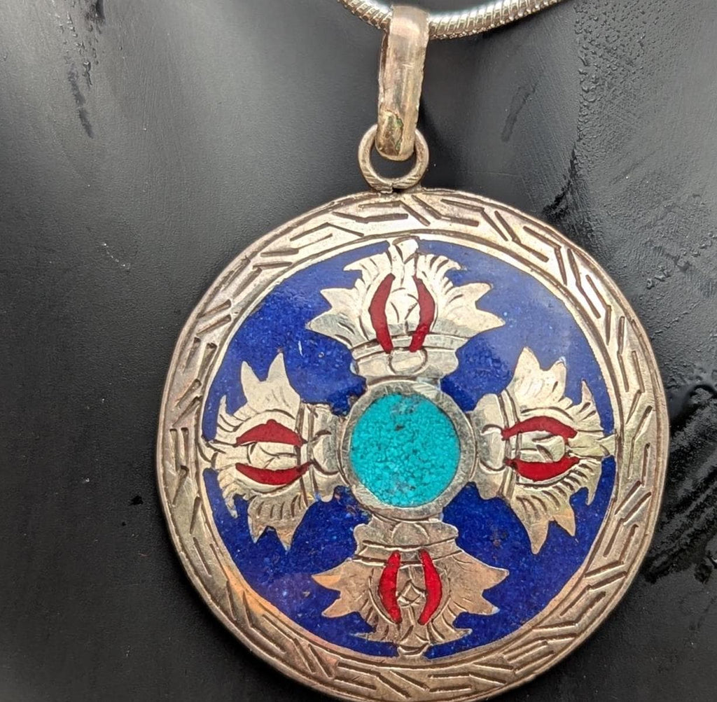 Unique Handmade Tibetan Dorjee pendant with turquoise, Coral and Lapis Lazuli inlaid (p7-043)