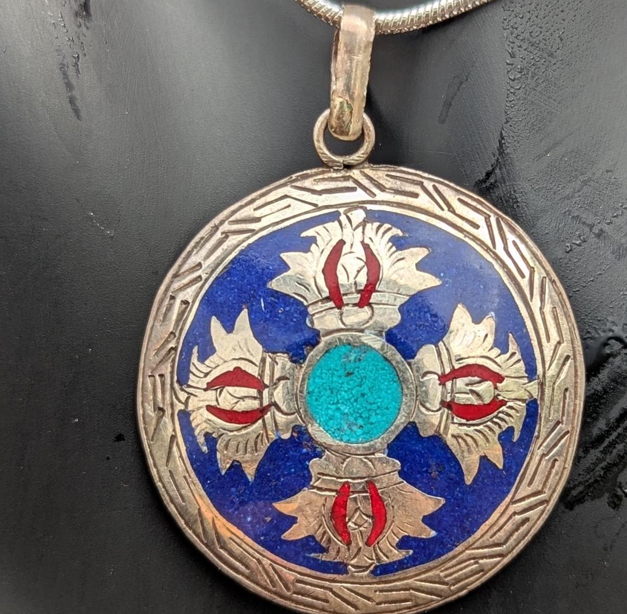 Unique Handmade Tibetan Dorjee pendant with turquoise, Coral and Lapis Lazuli inlaid (p7-043)