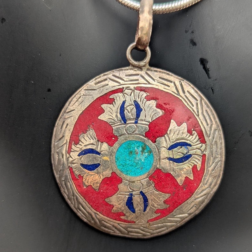 Unique Handmade Tibetan Dorjee pendant with turquoise, Coral and Lapis Lazuli inlaid (p7-043)
