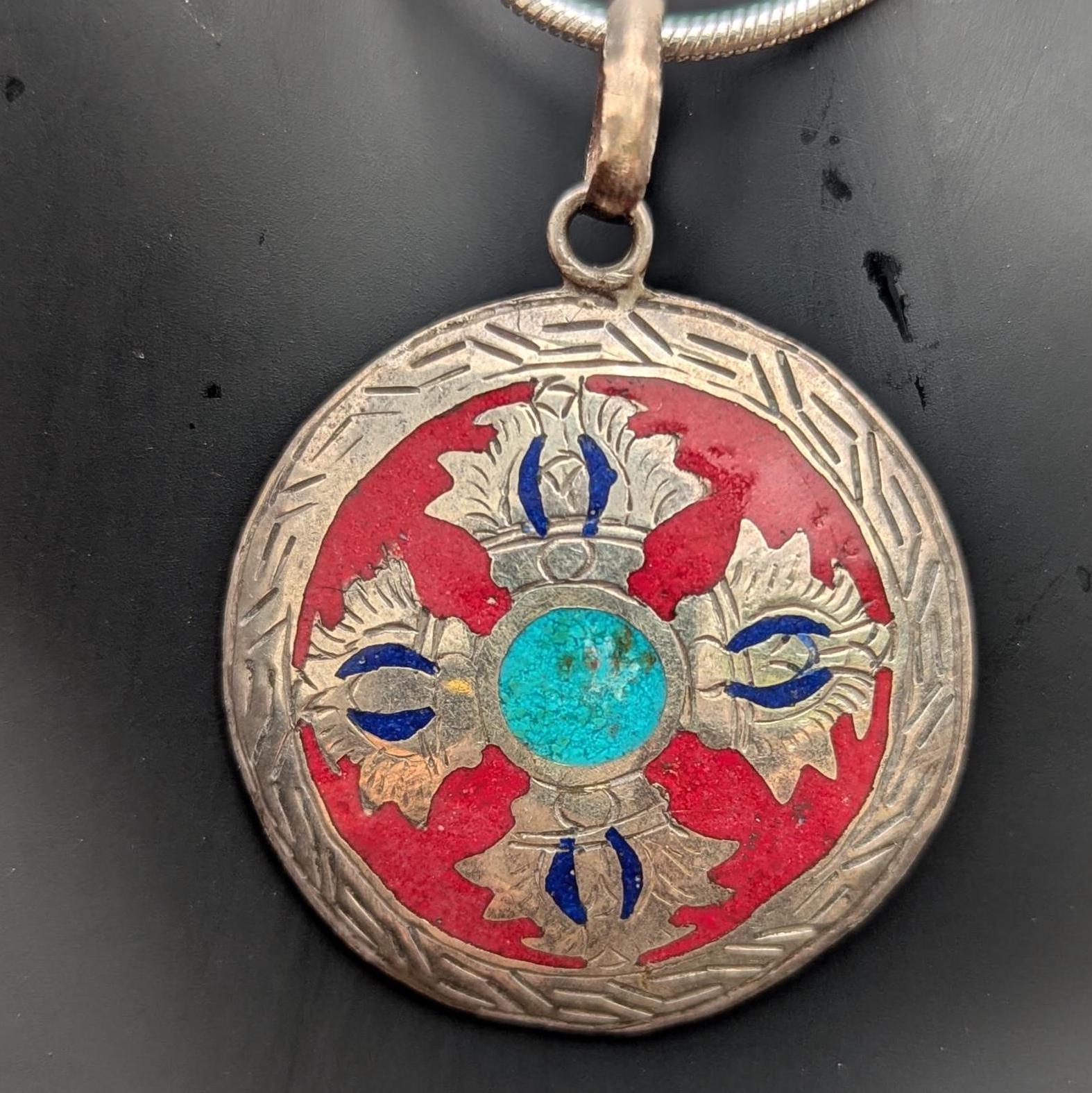 Unique Handmade Tibetan Dorjee pendant with turquoise, Coral and Lapis Lazuli inlaid (p7-043)