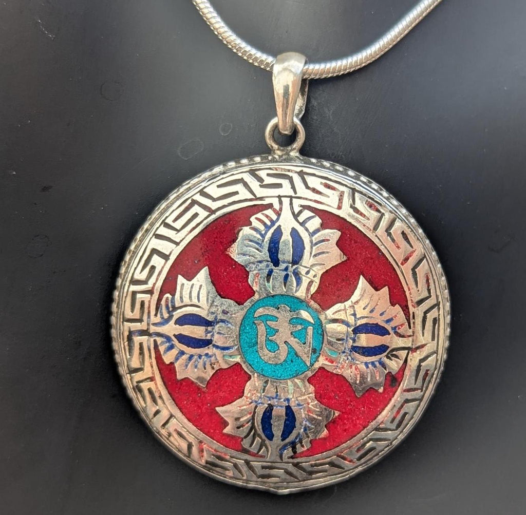 Sterling Silver Buddha Eye Pendant: Turquoise, Lapis, Coral Inlay P7-021-043
