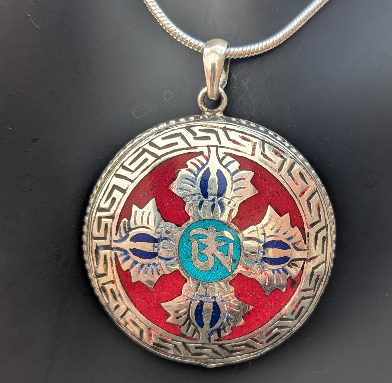 Sterling Silver Buddha Eye Pendant: Turquoise, Lapis, Coral Inlay P7-021-043