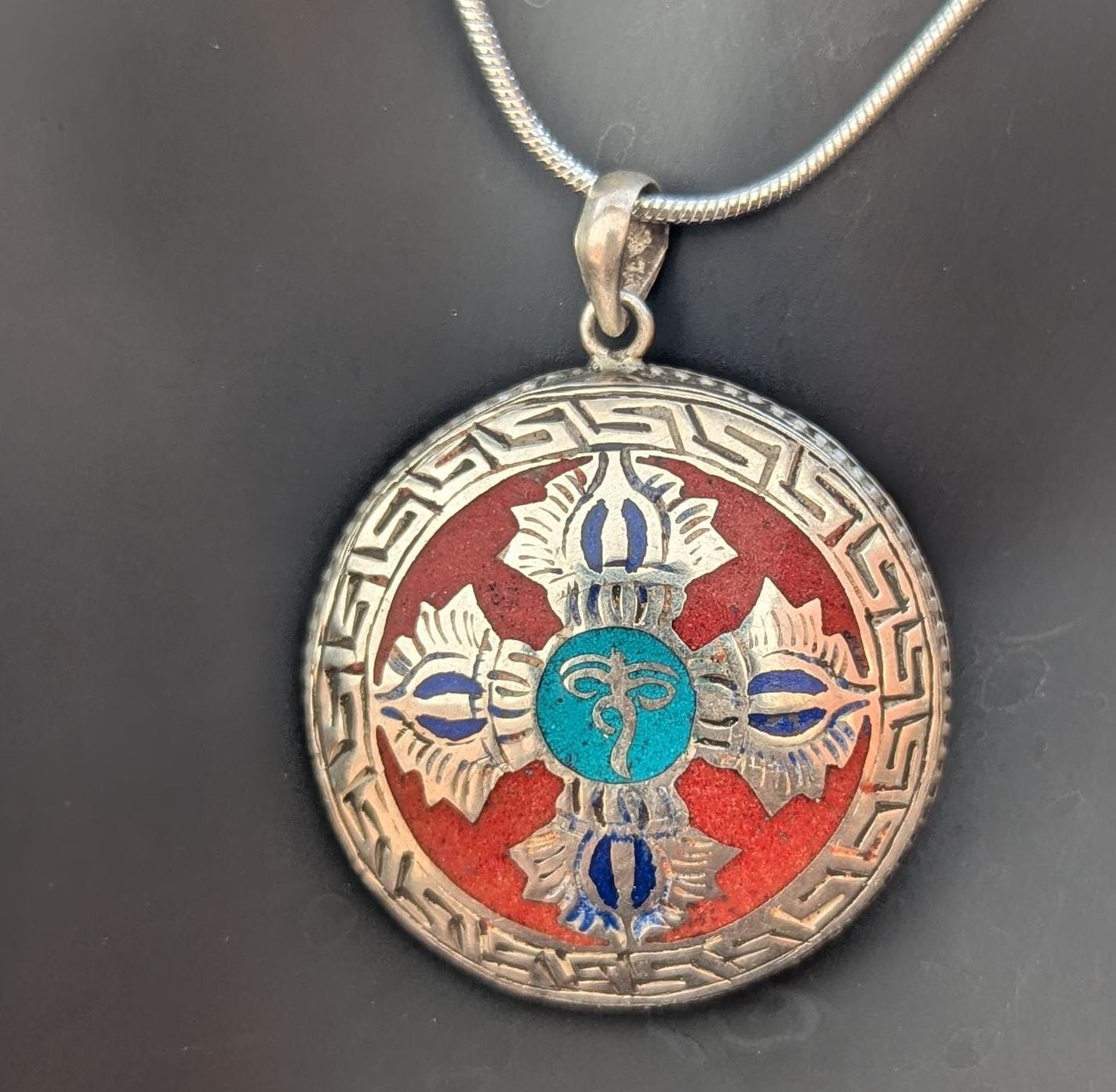 Sterling Silver Buddha Eye Pendant: Turquoise, Lapis, Coral Inlay P7-021-043
