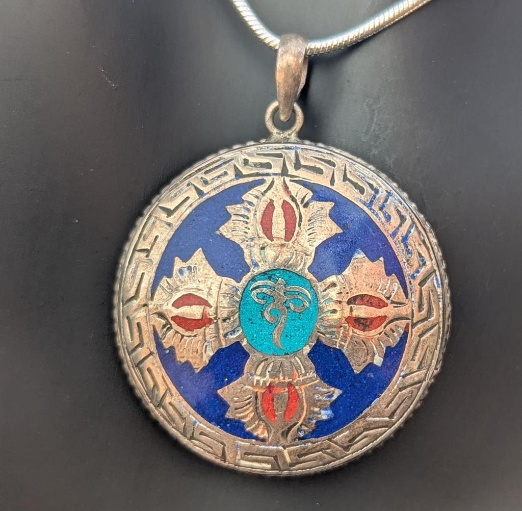 Sterling Silver Buddha Eye Pendant: Turquoise, Lapis, Coral Inlay P7-021-043