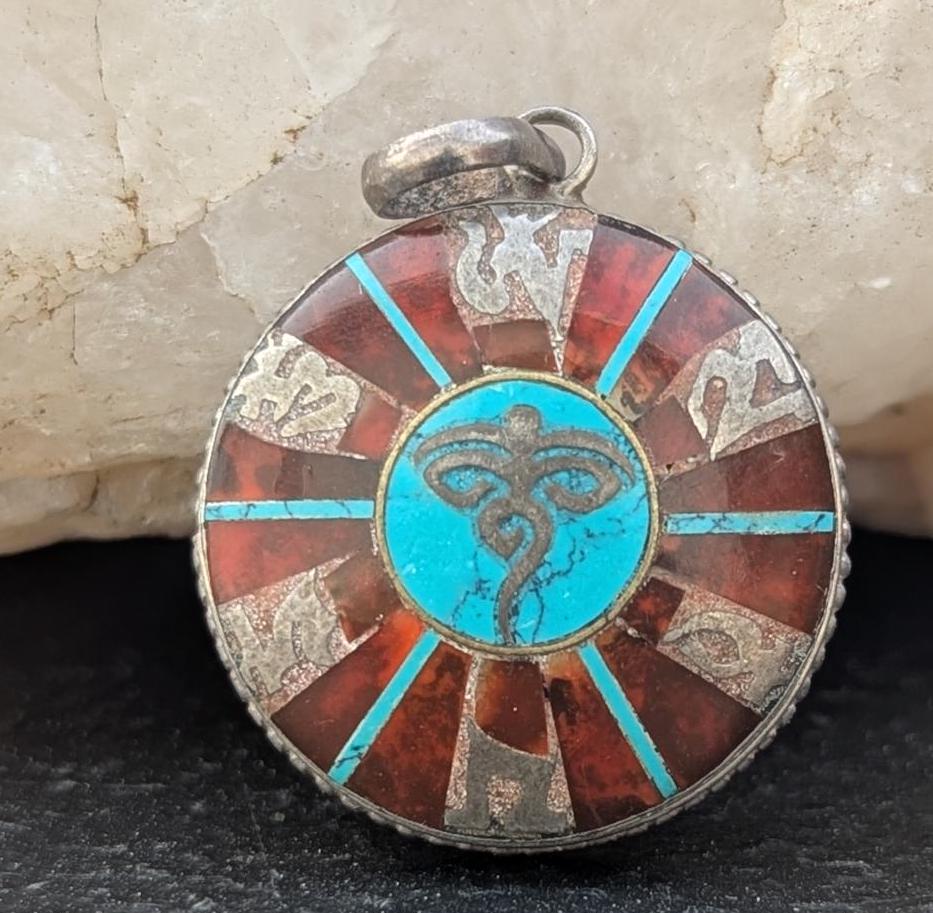 Vintage Tibetan Buddhist symbol pendant with turquoise, Coral and Lapis Lazuli inlaid (p7-045)