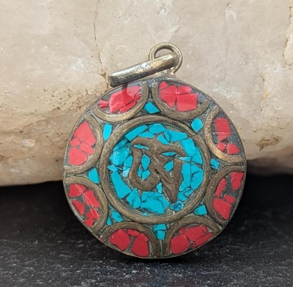 Vintage Tibetan Buddhist symbol pendant with turquoise, Coral and Lapis Lazuli inlaid (p7-045)