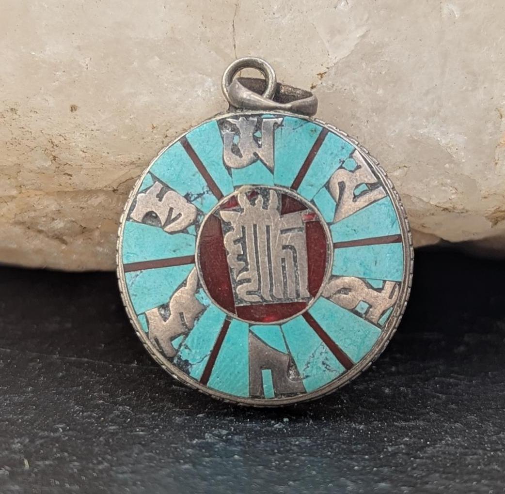 Vintage Tibetan Buddhist symbol pendant with turquoise, Coral and Lapis Lazuli inlaid (p7-045)