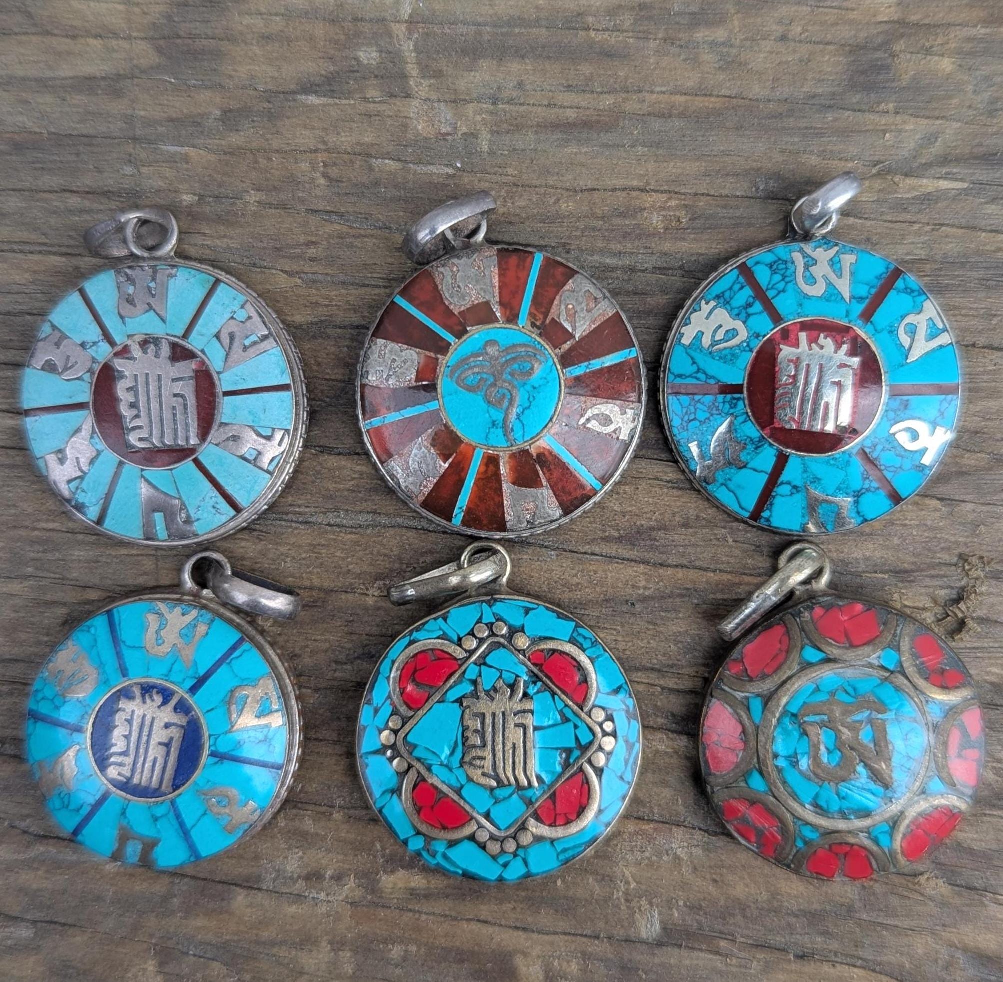 Vintage Tibetan Buddhist symbol pendant with turquoise, Coral and Lapis Lazuli inlaid (p7-045)