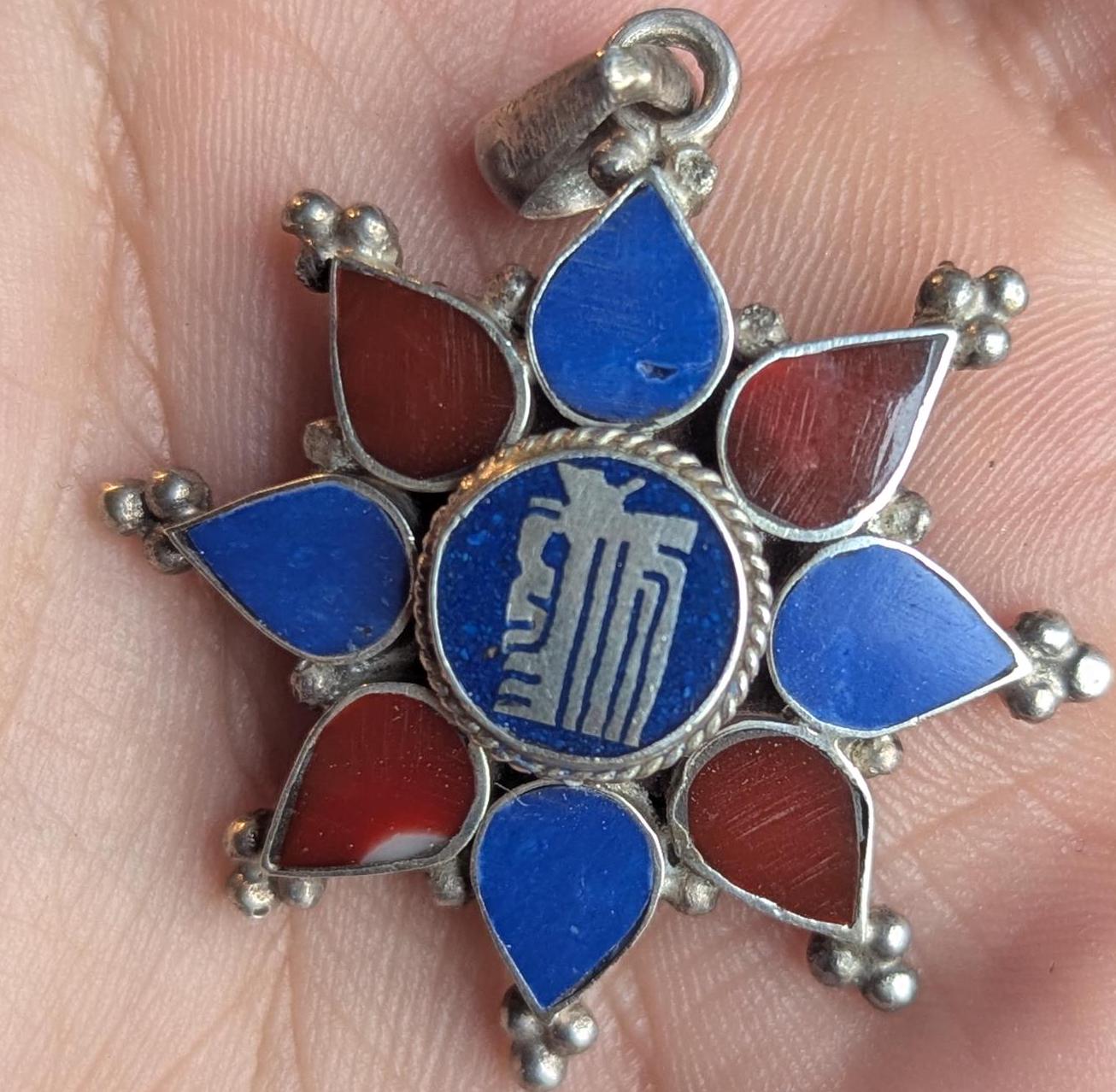 Handmade Tibetan Buddhist symbol pendant collection with turquoise, Coral and Lapis Lazuli inlaid (p7-046)