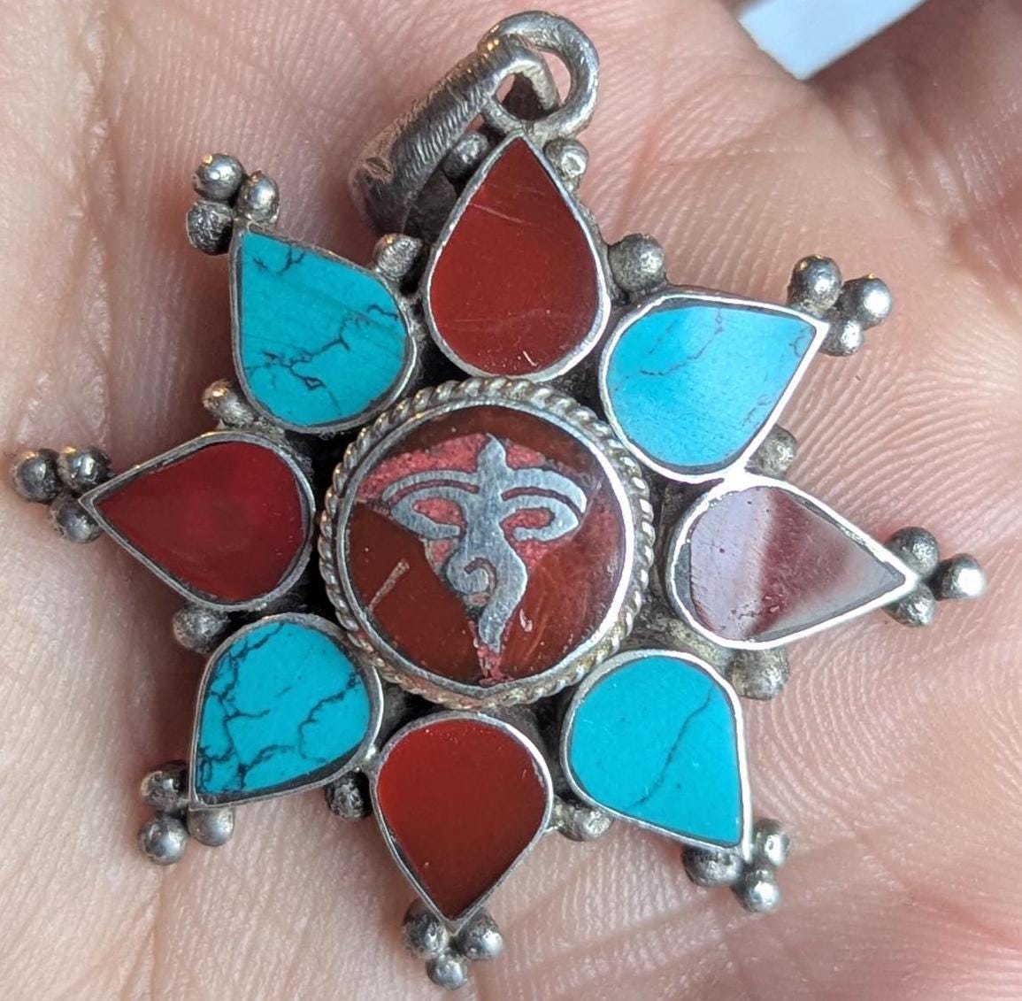 Handmade Tibetan Buddhist symbol pendant collection with turquoise, Coral and Lapis Lazuli inlaid (p7-046)