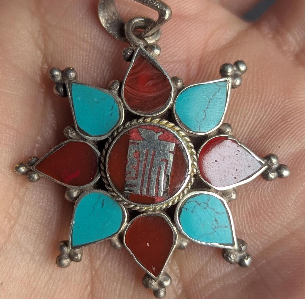 Handmade Tibetan Buddhist symbol pendant collection with turquoise, Coral and Lapis Lazuli inlaid (p7-046)