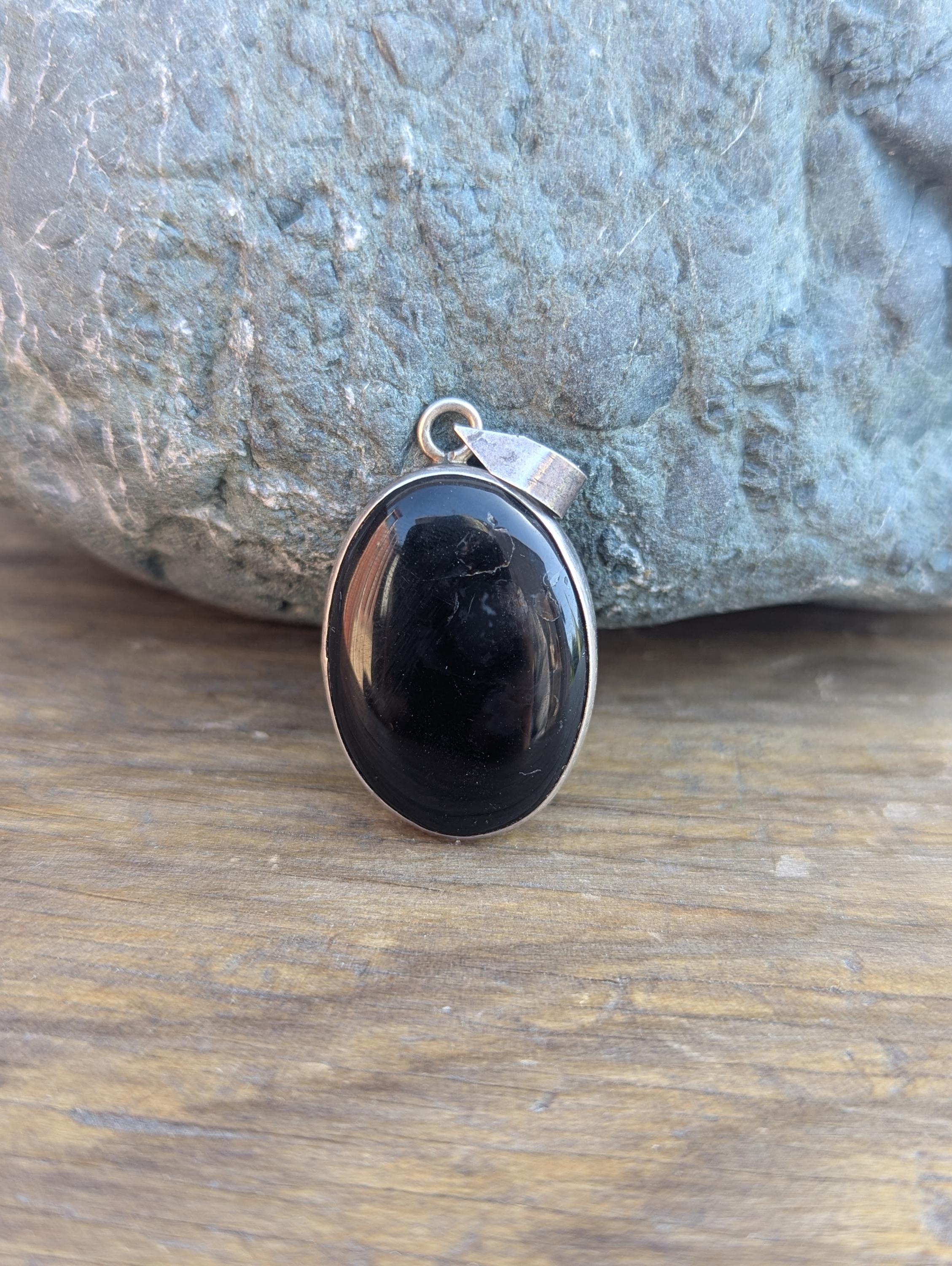 Black Onyx Gemstone Collection with Sterling Silver and White Brass Pendants (p7-056)