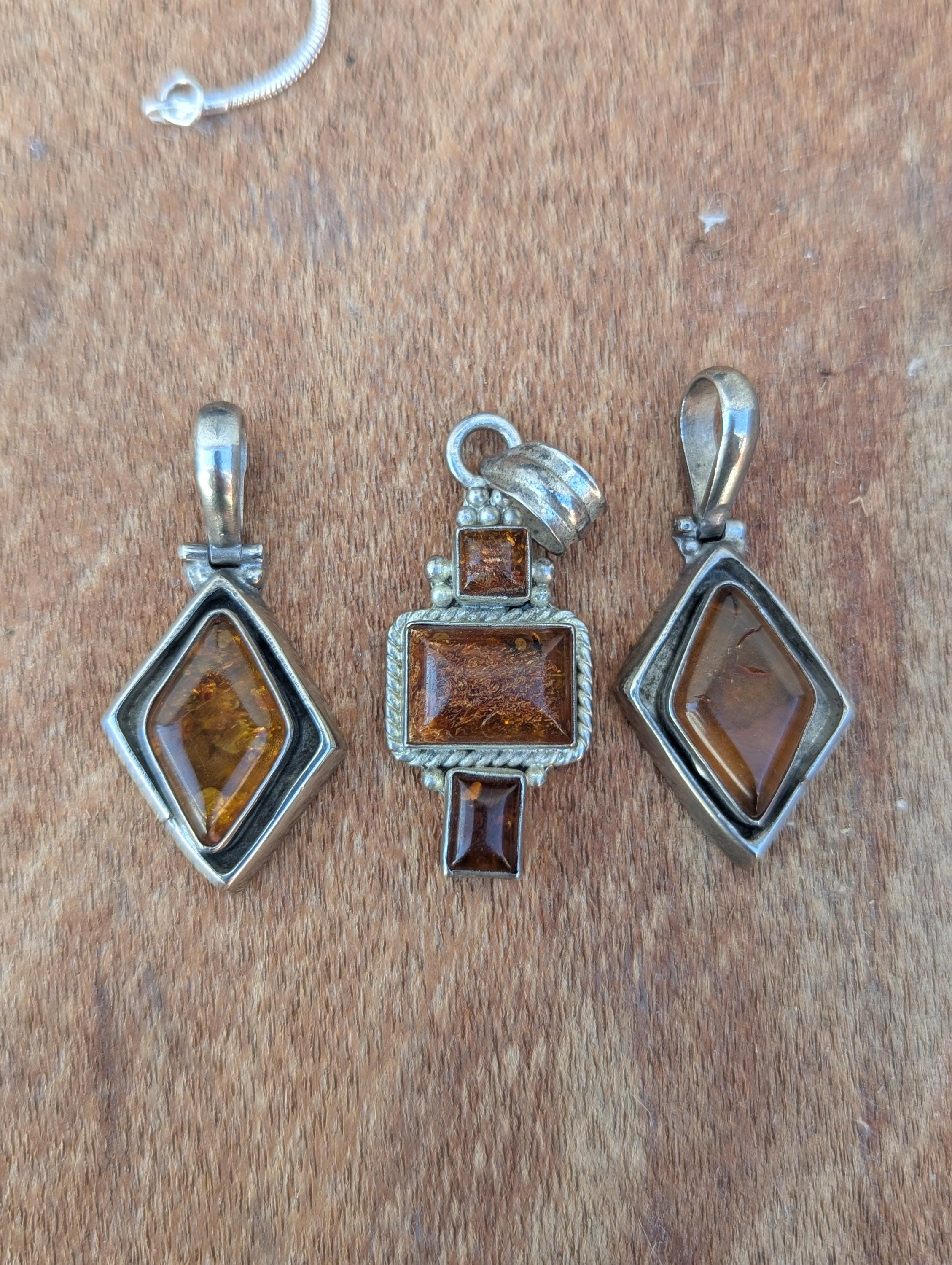 Handcrafted Sterling Silver Amber Pendant: Square & Diamond Gemstone (P-7-055)