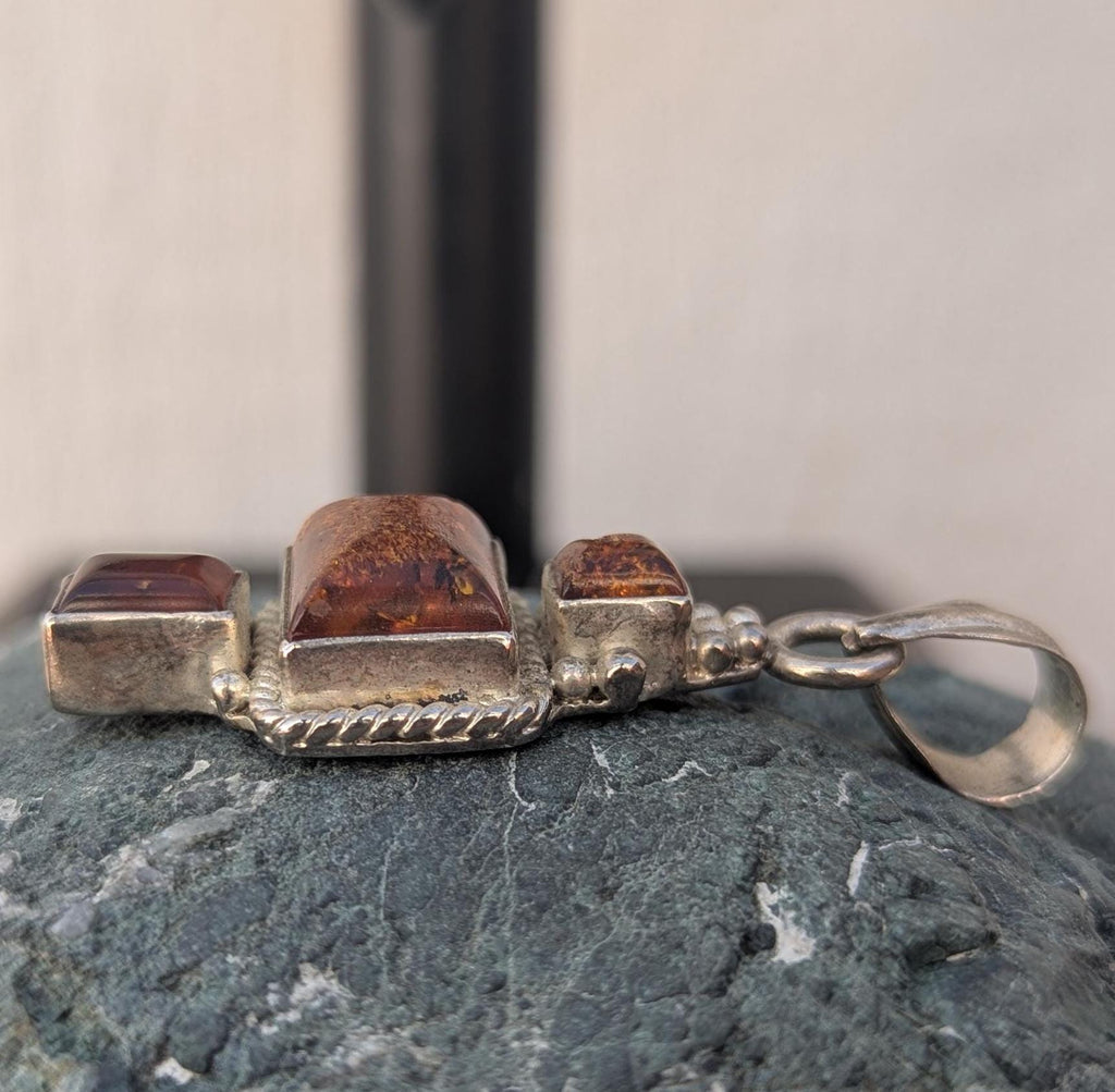 Handcrafted Sterling Silver Amber Pendant: Square & Diamond Gemstone (P-7-055)