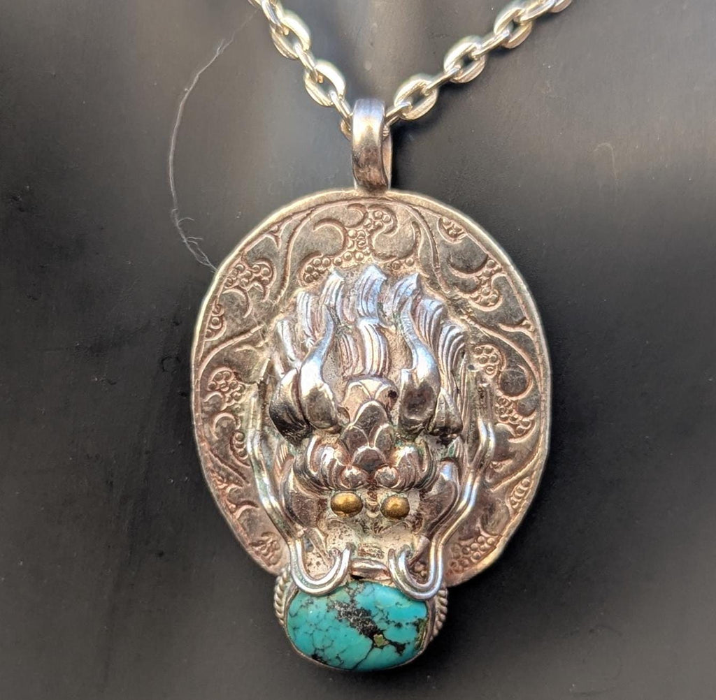 Sterling Silver Tibetan Dragon Pendant: Lapis Lazuli, Coral, Turquoise