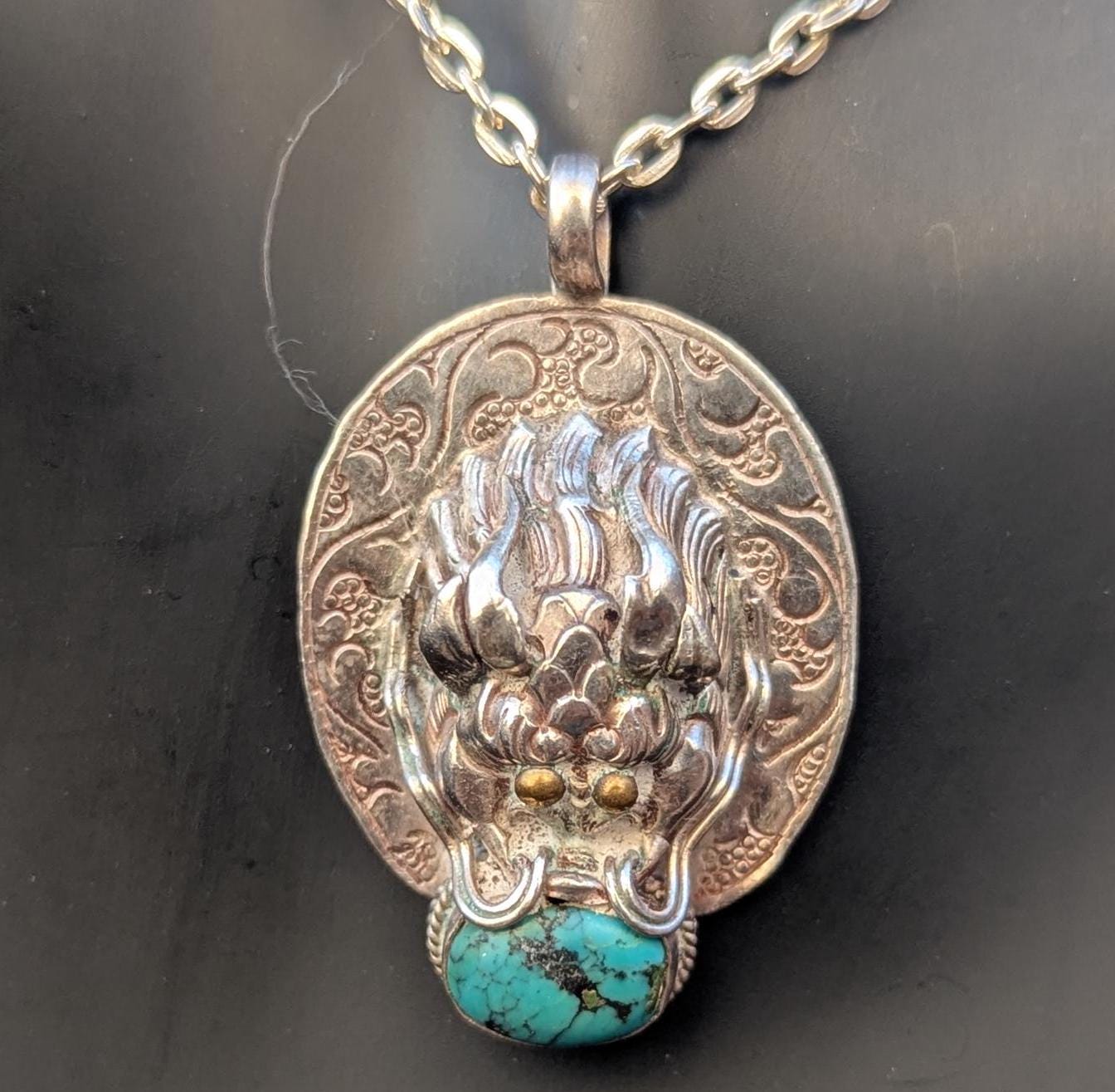 Sterling Silver Tibetan Dragon Pendant: Lapis Lazuli, Coral, Turquoise