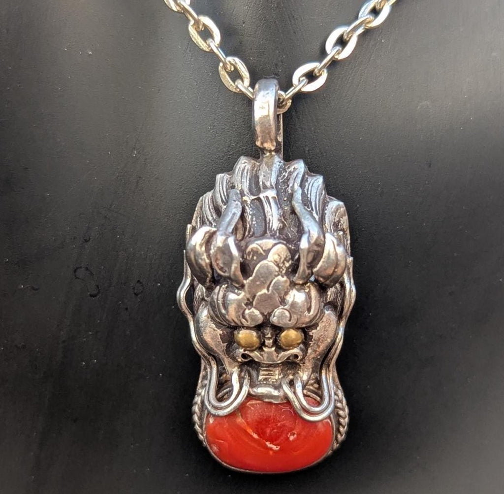 Sterling Silver Tibetan Dragon Pendant: Lapis Lazuli, Coral, Turquoise
