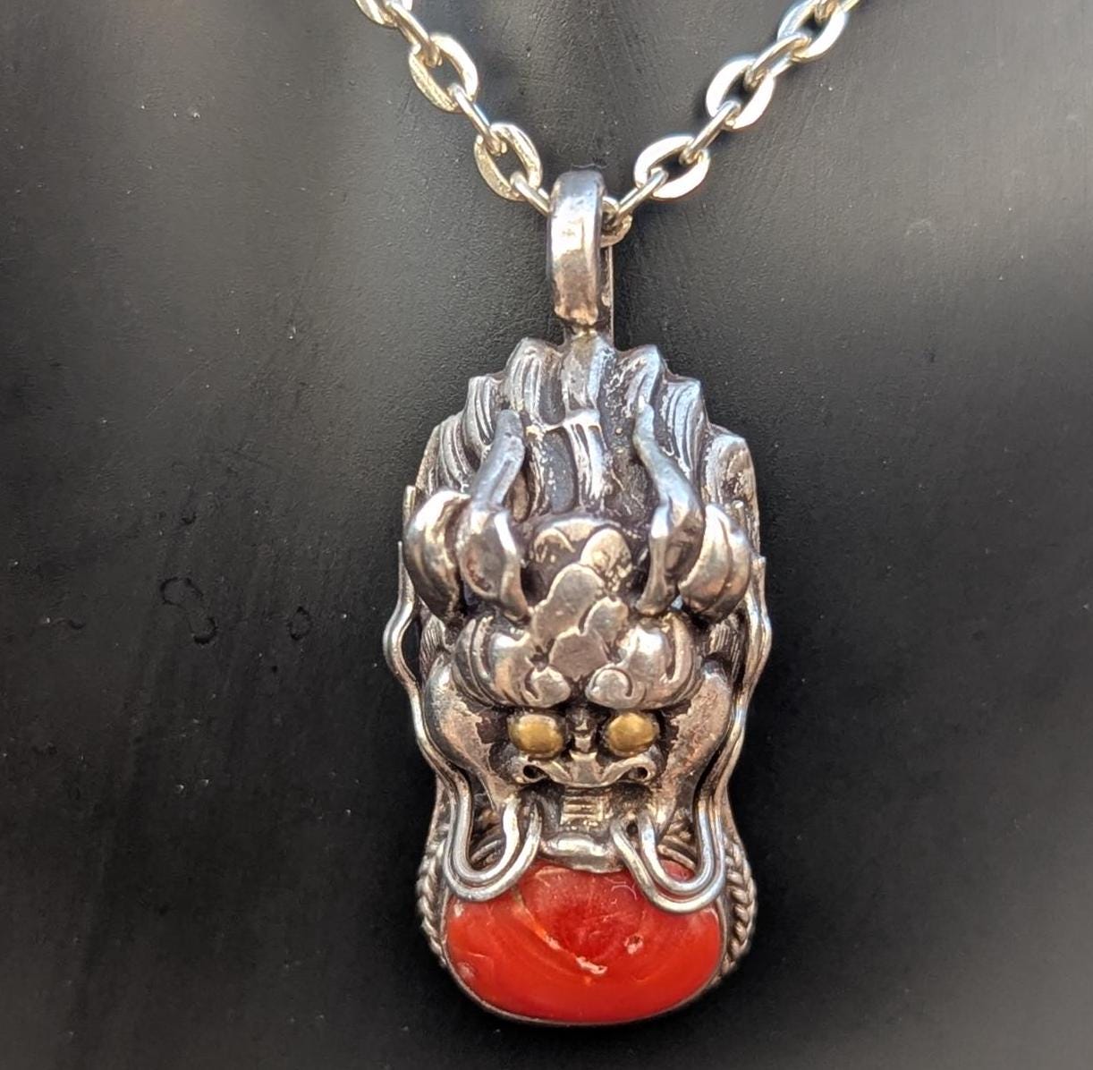 Sterling Silver Tibetan Dragon Pendant: Lapis Lazuli, Coral, Turquoise