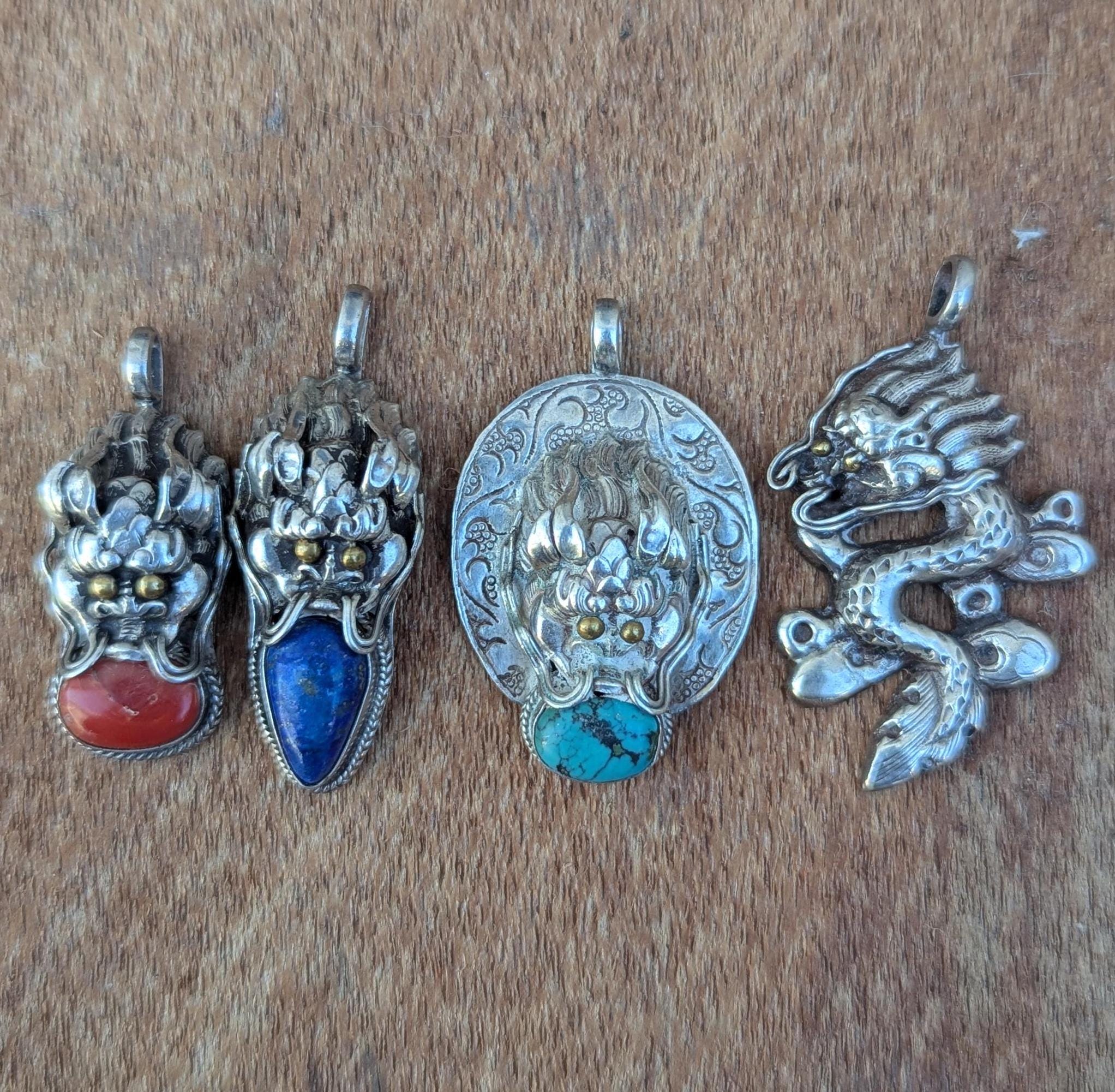 Sterling Silver Tibetan Dragon Pendant: Lapis Lazuli, Coral, Turquoise