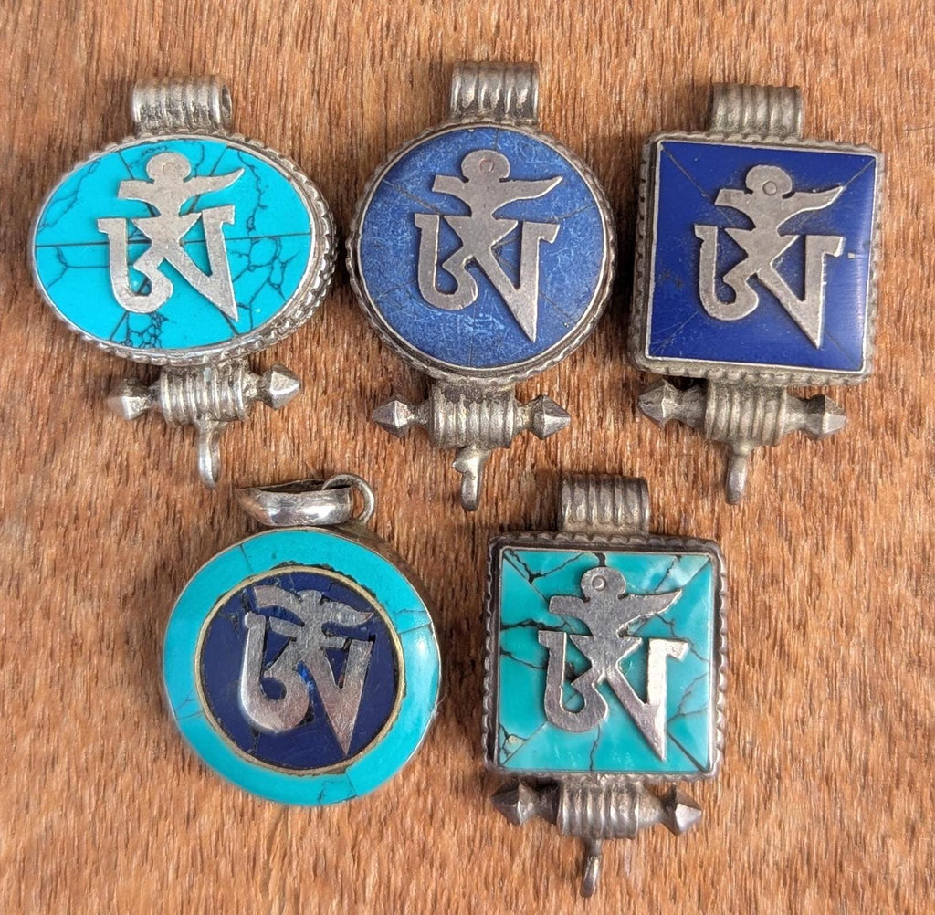 Vintage Tibetan Buddhist sterling silver Om pendant with Turquoise and Lapis Lazuli collection (p7-071)