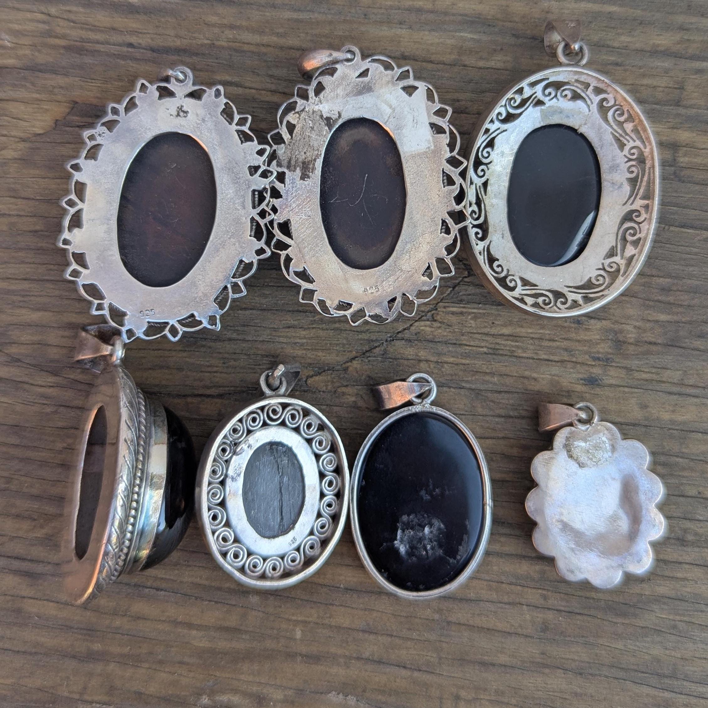 Black Onyx Gemstone Collection with Sterling Silver and White Brass Pendants (p7-056)