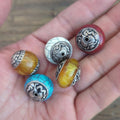 Handcraft unique oval-shaped beads, ethnic Himalayan bead with circles design brass turquoise coral inlays