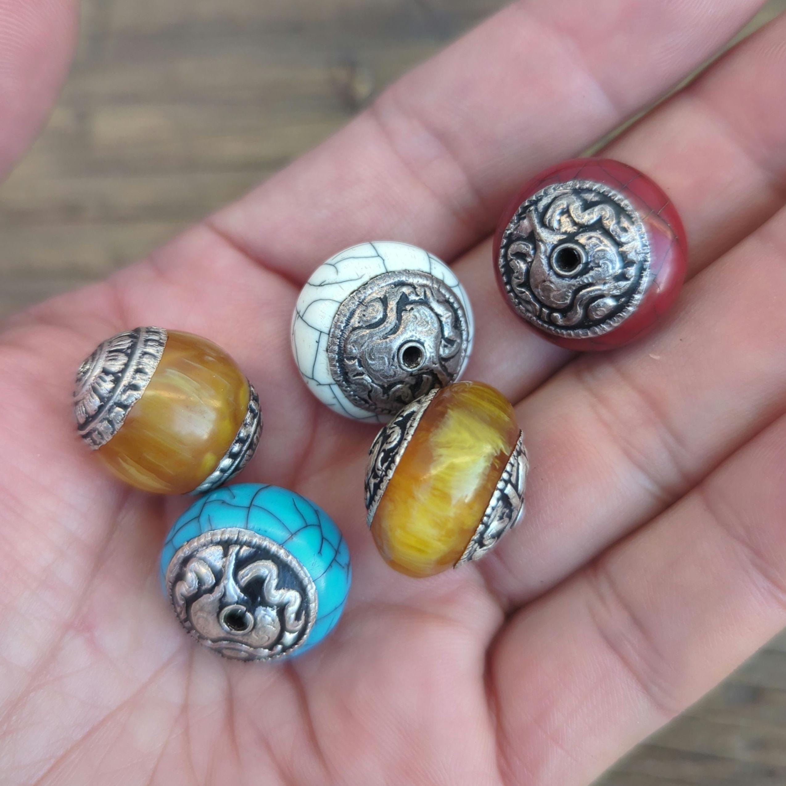Handcraft unique oval-shaped beads, ethnic Himalayan bead with circles design brass turquoise coral inlays