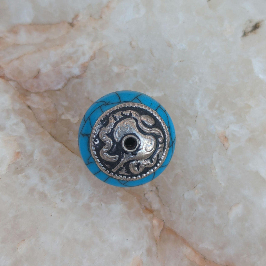 Handcraft unique oval-shaped beads, ethnic Himalayan bead with circles design brass turquoise coral inlays