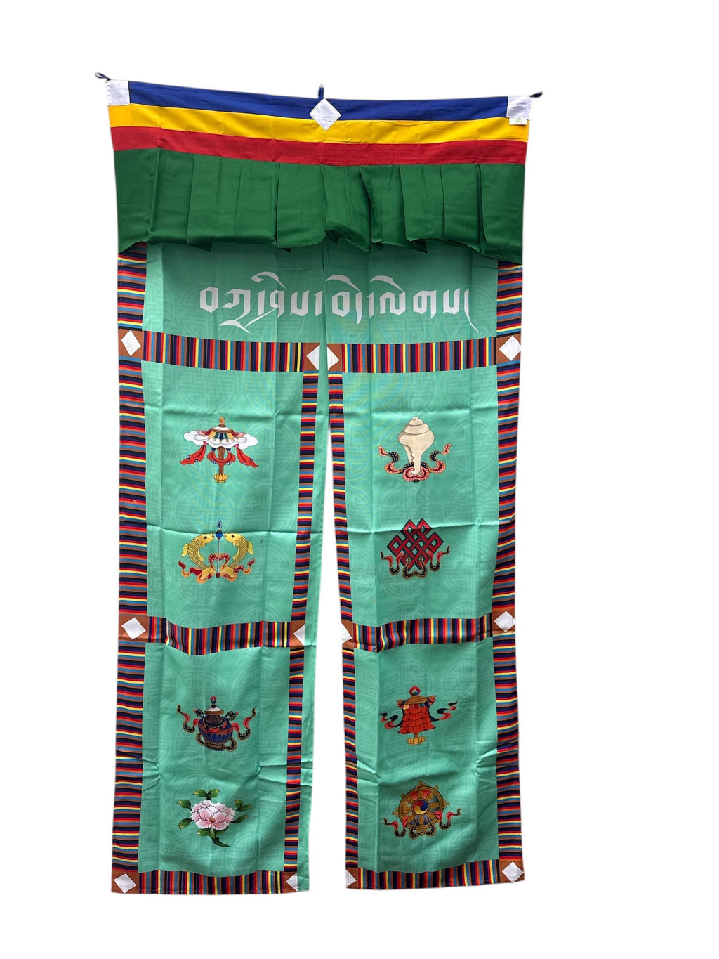 Tibetan Door Curtain: Silk Auspicious Symbols, Buddhist Decor (3x6 ft)