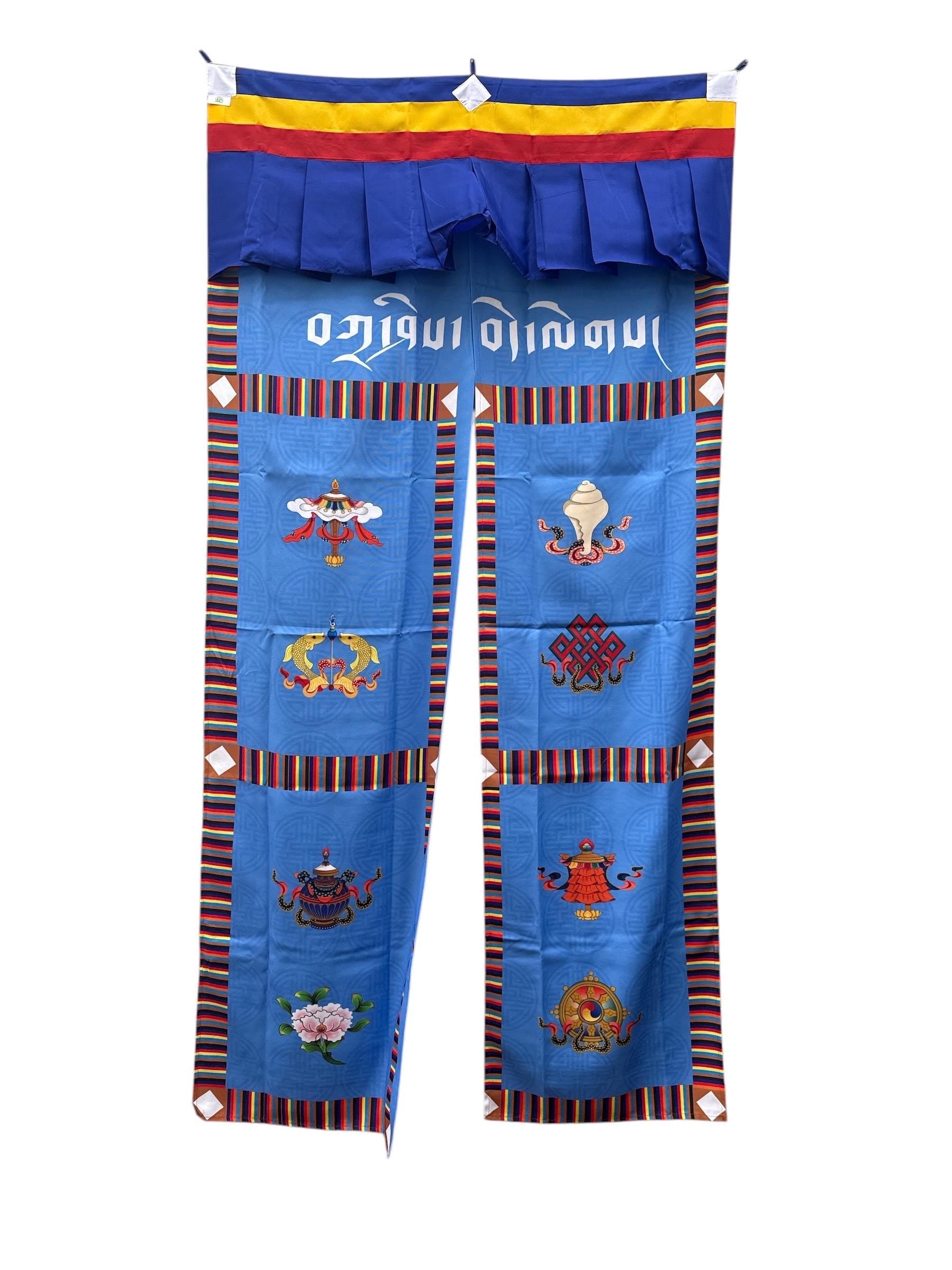 Tibetan Door Curtain: Silk Auspicious Symbols, Buddhist Decor (3x6 ft)