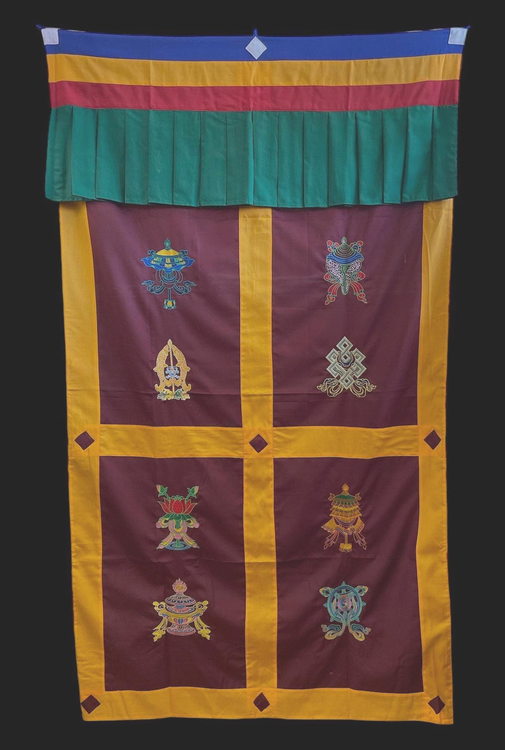 Embroidered Tibetan Door Curtain: Eight Auspicious Symbols, 42x72 Inches