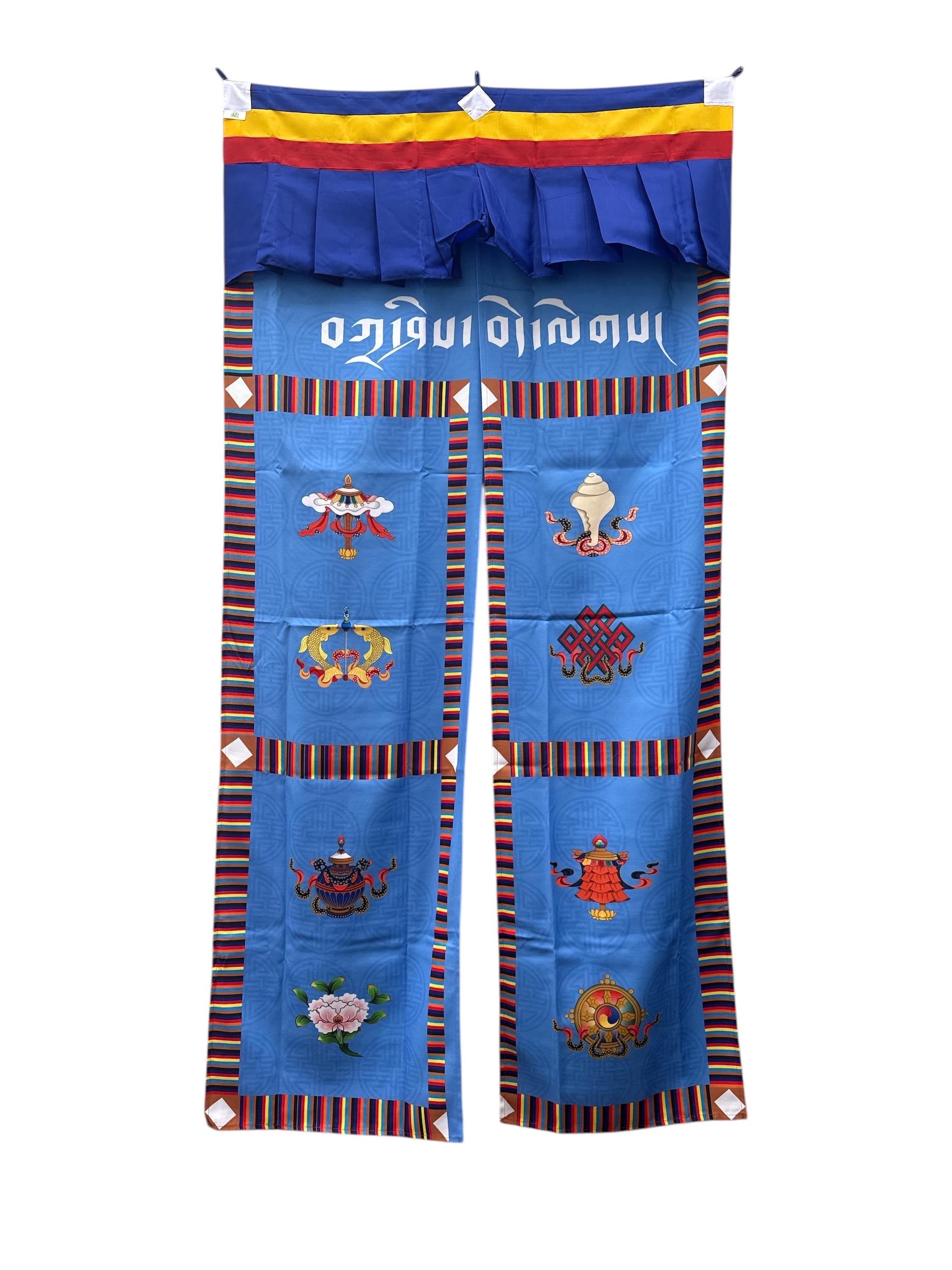 Tibetan Door Curtain: Silk Auspicious Symbols, Buddhist Decor (3x6 ft)