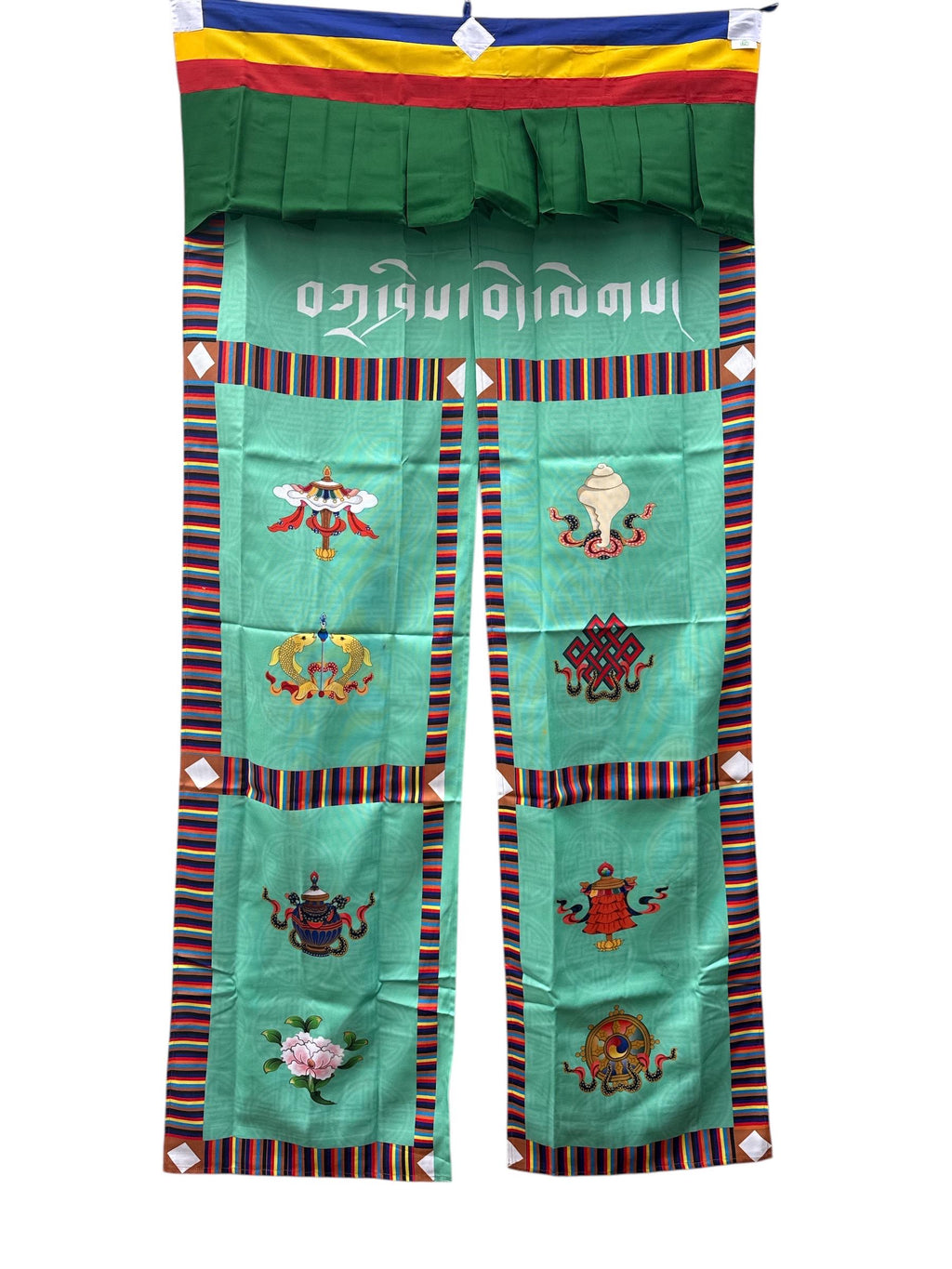 Tibetan Door Curtain: Silk Auspicious Symbols, Buddhist Decor (3x6 ft)