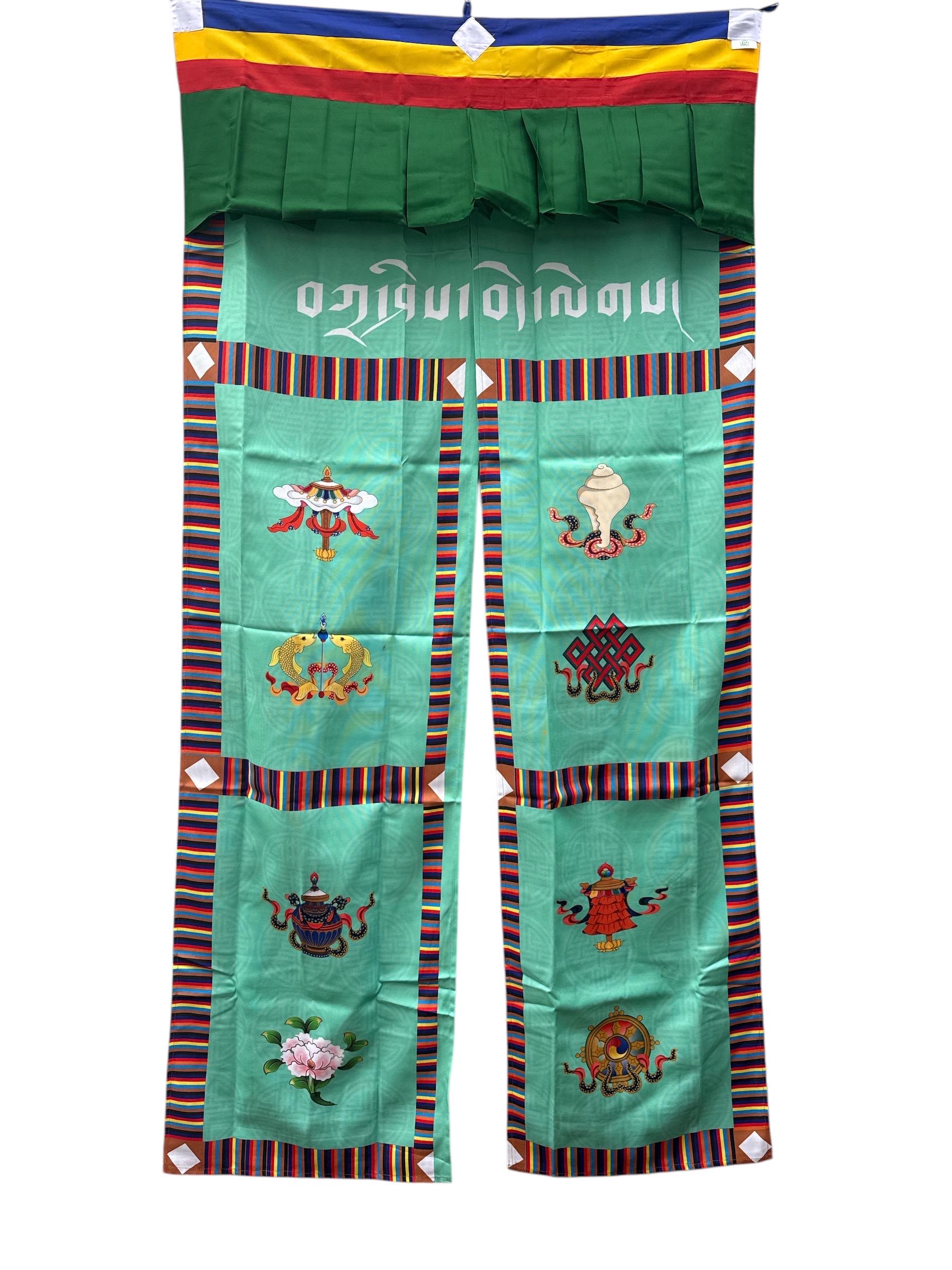 Tibetan Door Curtain: Silk Auspicious Symbols, Buddhist Decor (3x6 ft)