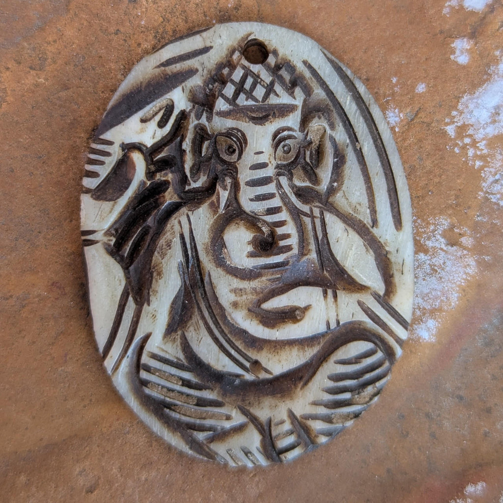 Hand Carved Yak Bone Ganesh Pendant, Ethnic Sacred Art