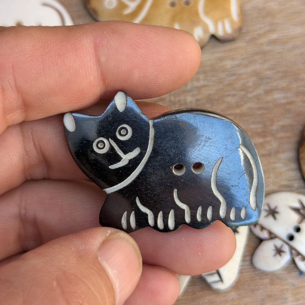 Handmade Buffalo Horn Buttons: Himalayan Artisan Cat & Mushroom Design