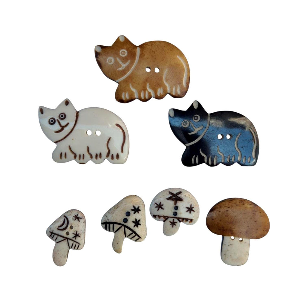 Handmade Buffalo Horn Buttons: Himalayan Artisan Cat & Mushroom Design