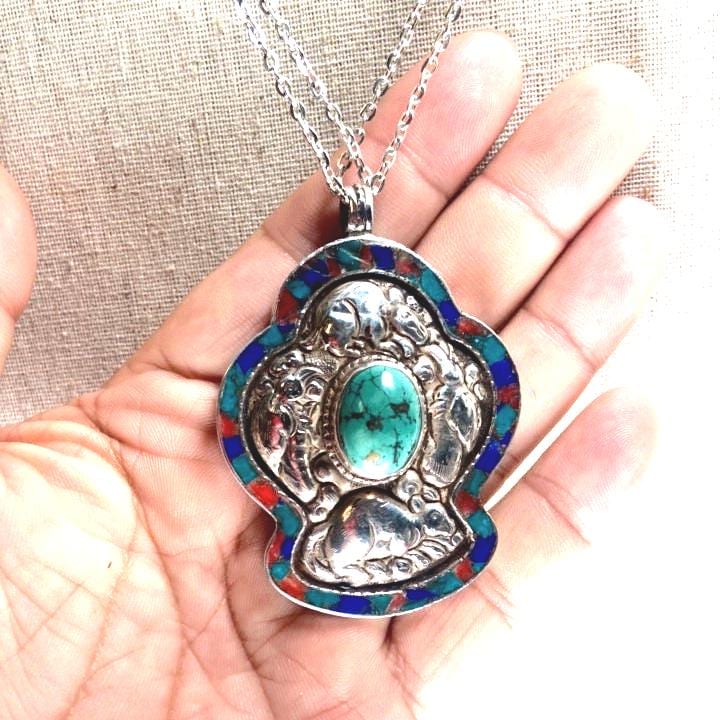 P3/74-Tibetan Treasure Turquoise Bird Centerpiece Silver Pendant (T12-074)