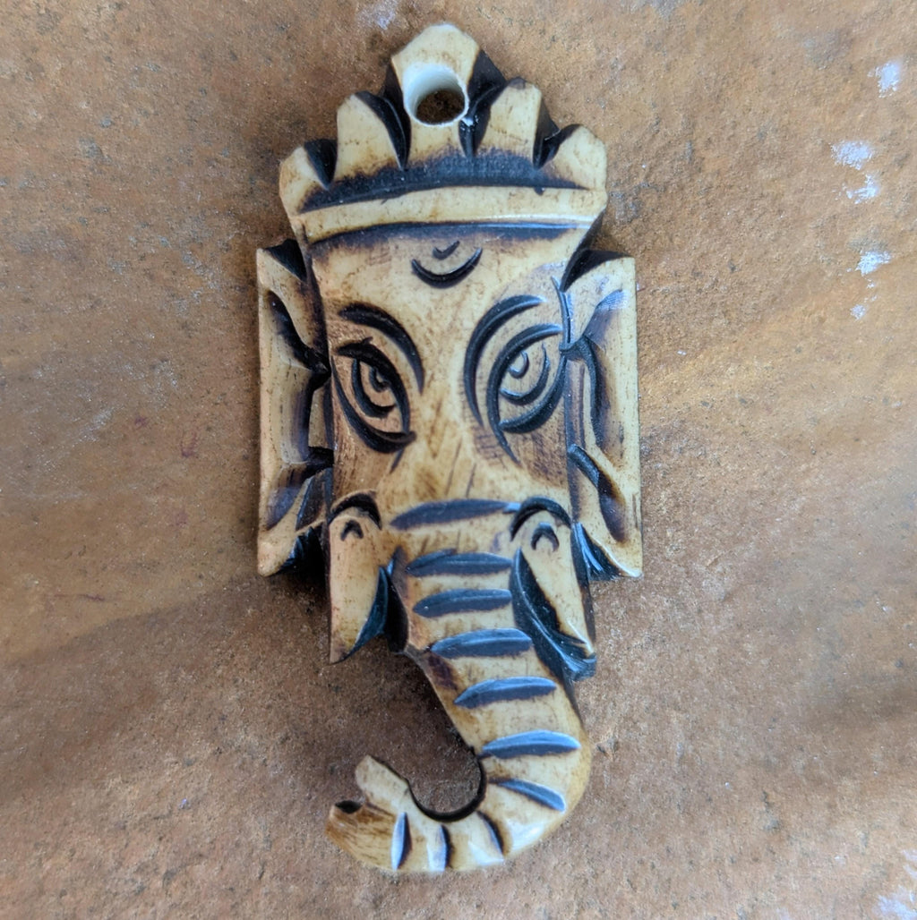 Hand Carved Yak Bone Ganesh Pendant, Ethnic Sacred Art