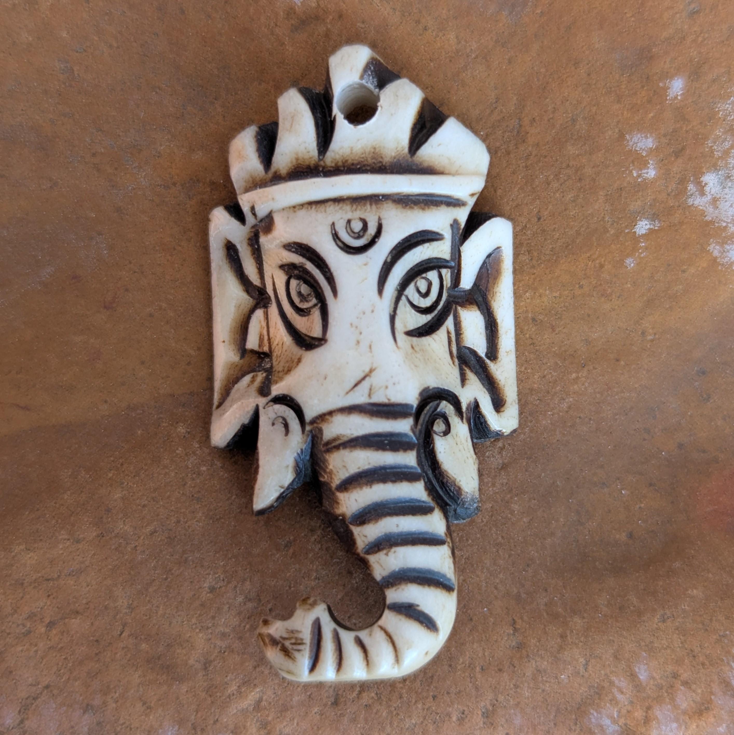 Hand Carved Yak Bone Ganesh Pendant, Ethnic Sacred Art
