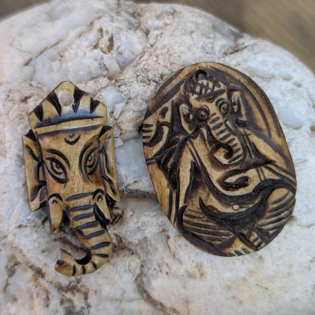 Hand Carved Yak Bone Ganesh Pendant, Ethnic Sacred Art